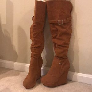 Tan Suede Over the Knew Wedge Boots