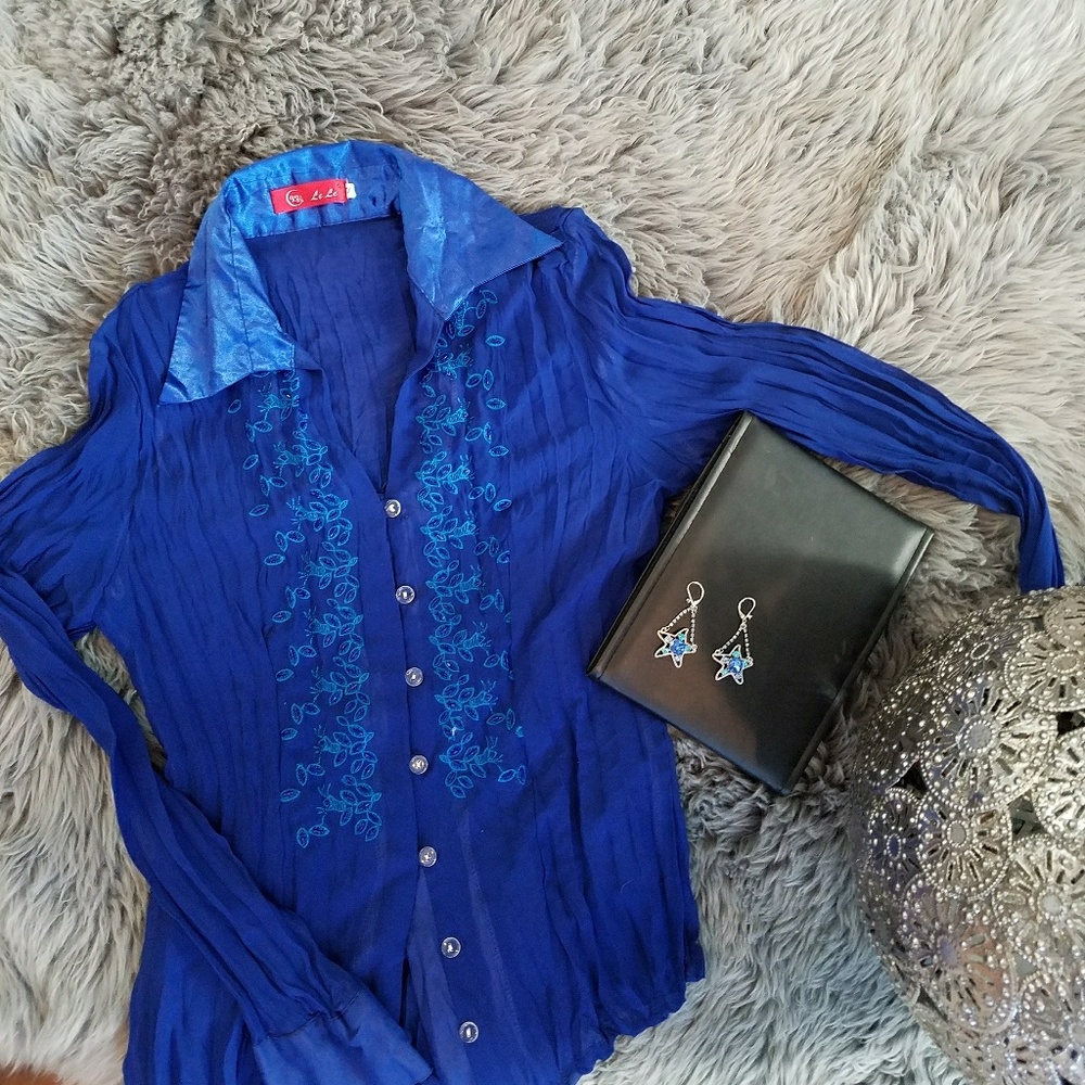 Vintage Silk Embroidered Blouse in Peacock Blue