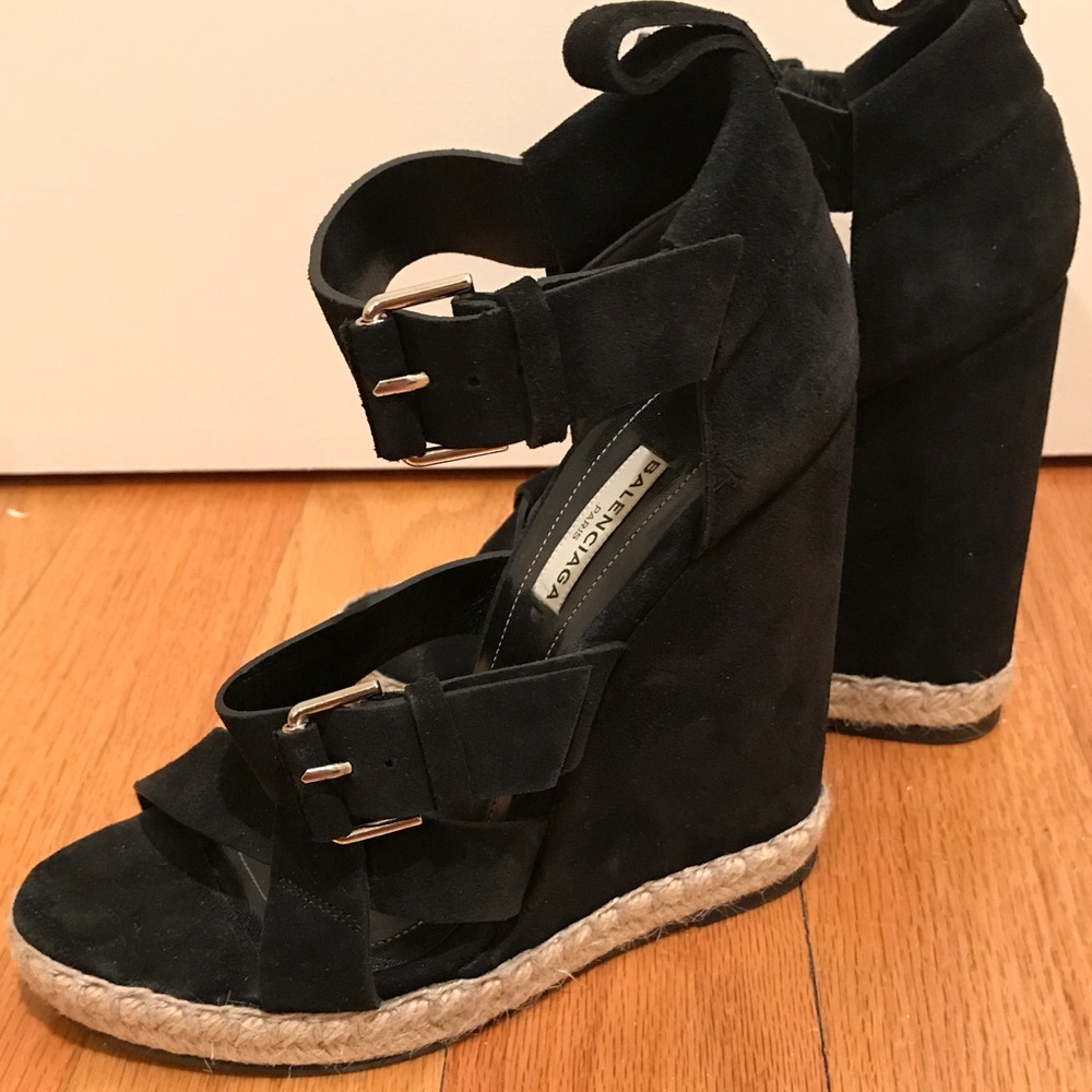 Balenciaga Black Suede Wedges w/ Espadrille detail