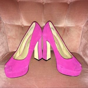 Hot pink suede leather mixed peep toe platforms