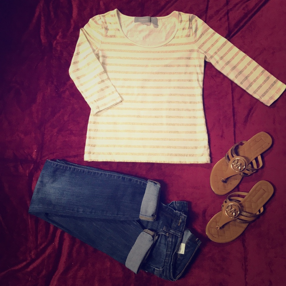 LIZ CLAIBORNE Cream/Gold Striped Top