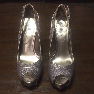Sparkly Silver Purple Guess Heals Size 6