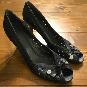 Stuart Weitzman Black Leather Peep Toe Heel