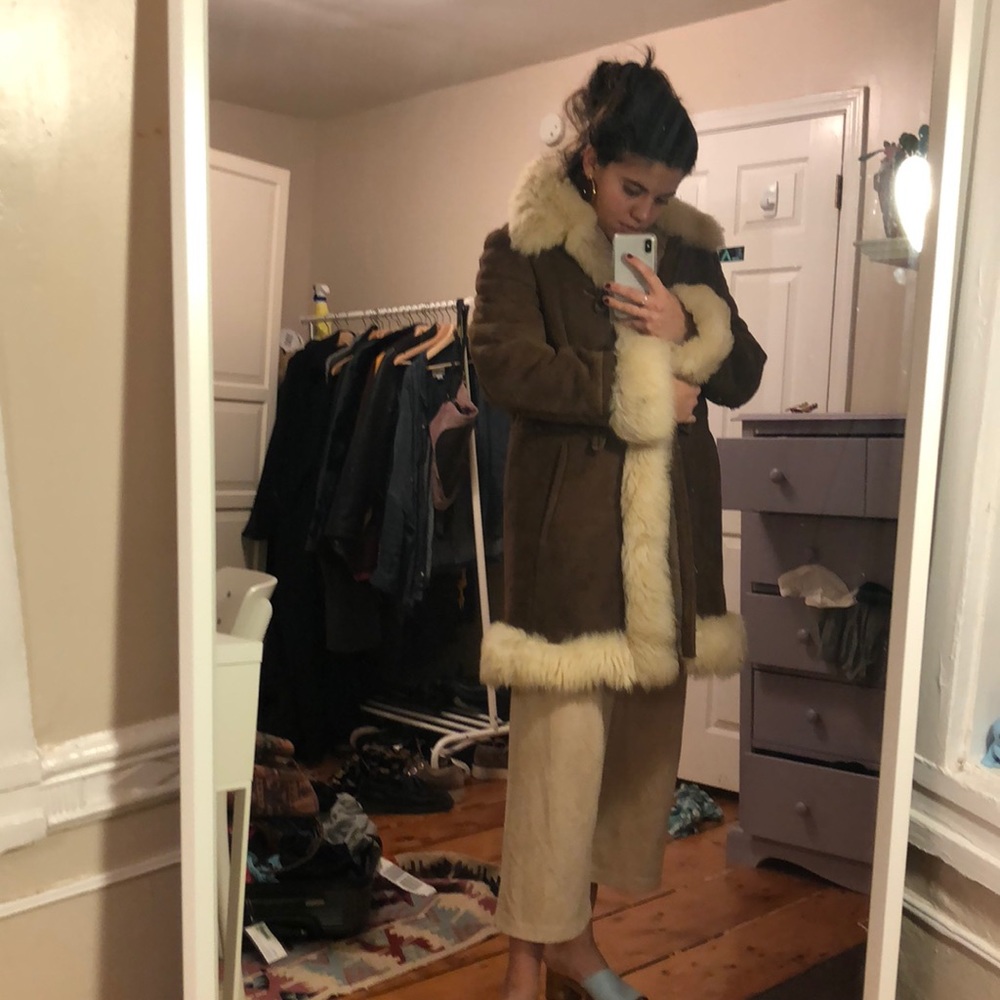 Sheepskin fur trimmed vintage coat knee length