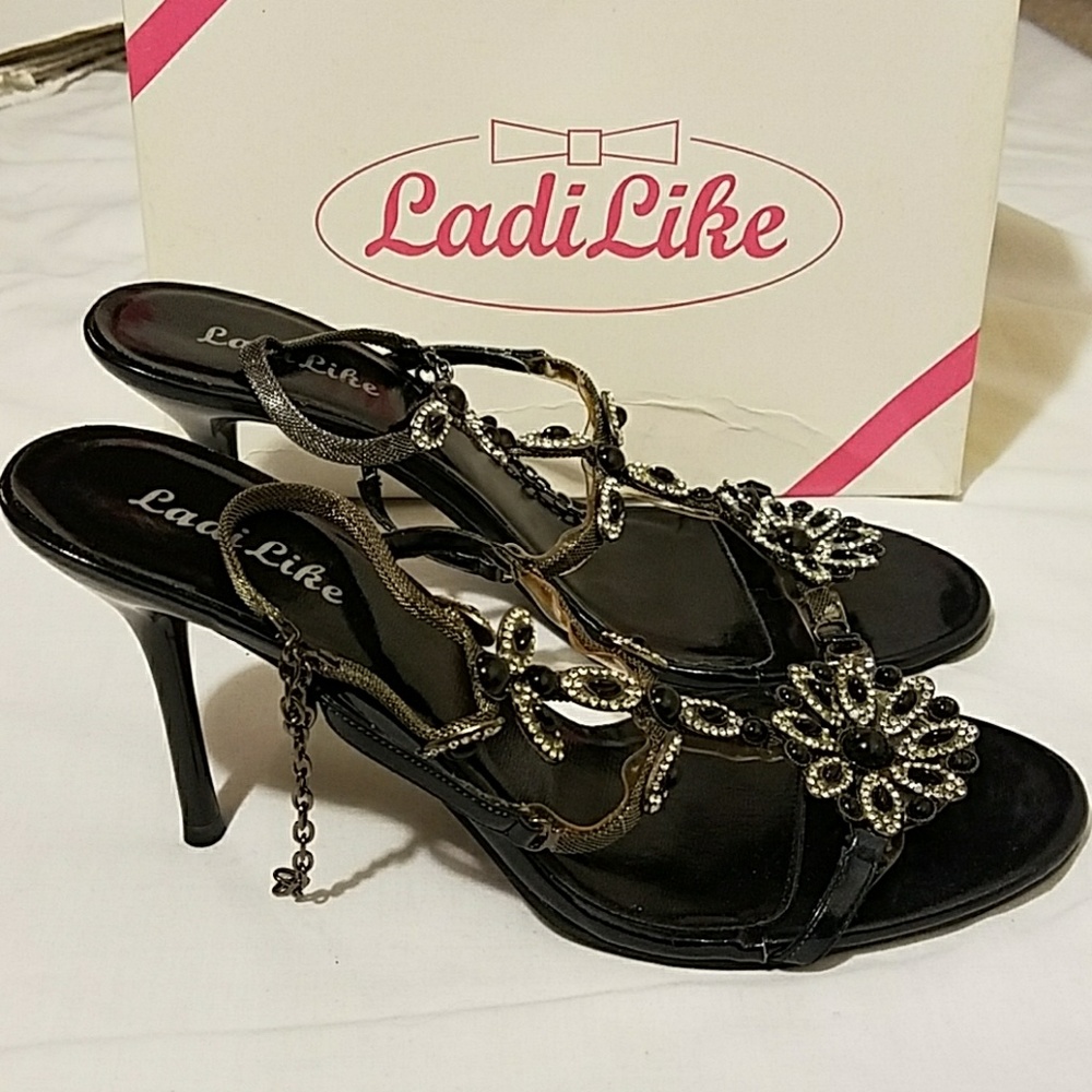 Ladylike Black Jeweled Crystal Floral Heels