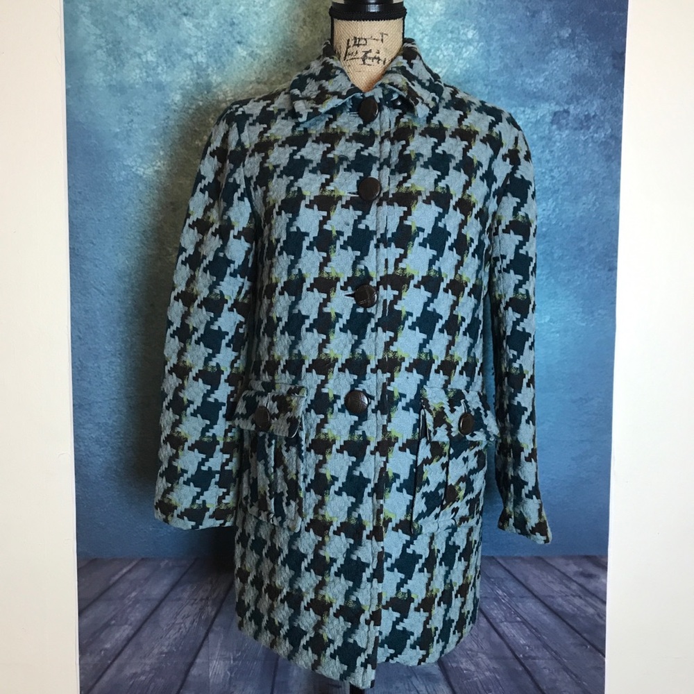 Anne Klein Blue Houndstooth Wool Coat