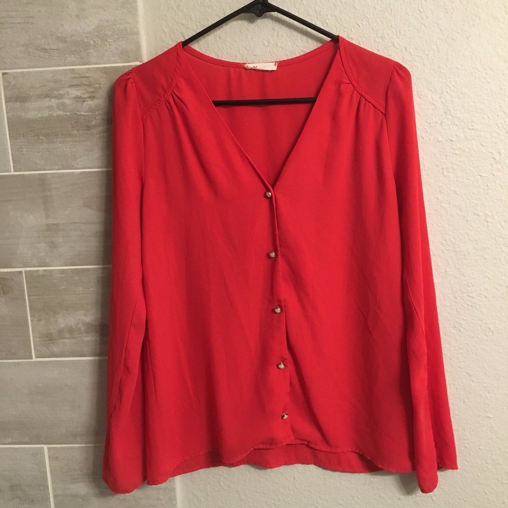 Red Long Sleeve Blouse with Pearl Buttons