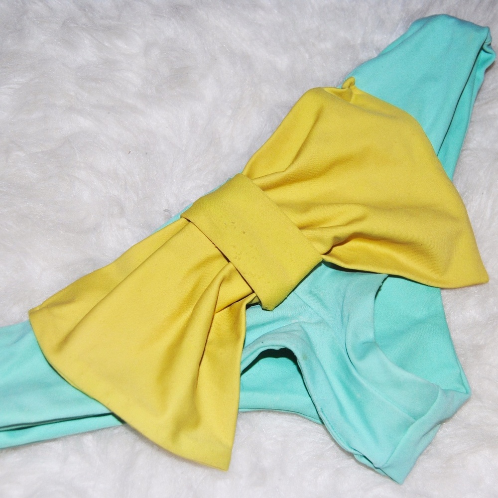 Lolli Swim bow swimsuit in neon green/aqua blue
