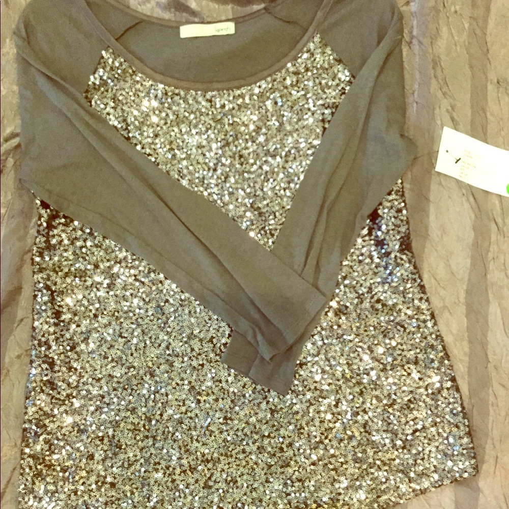 Gray Raglan Sleeve Top with Sequined Front
