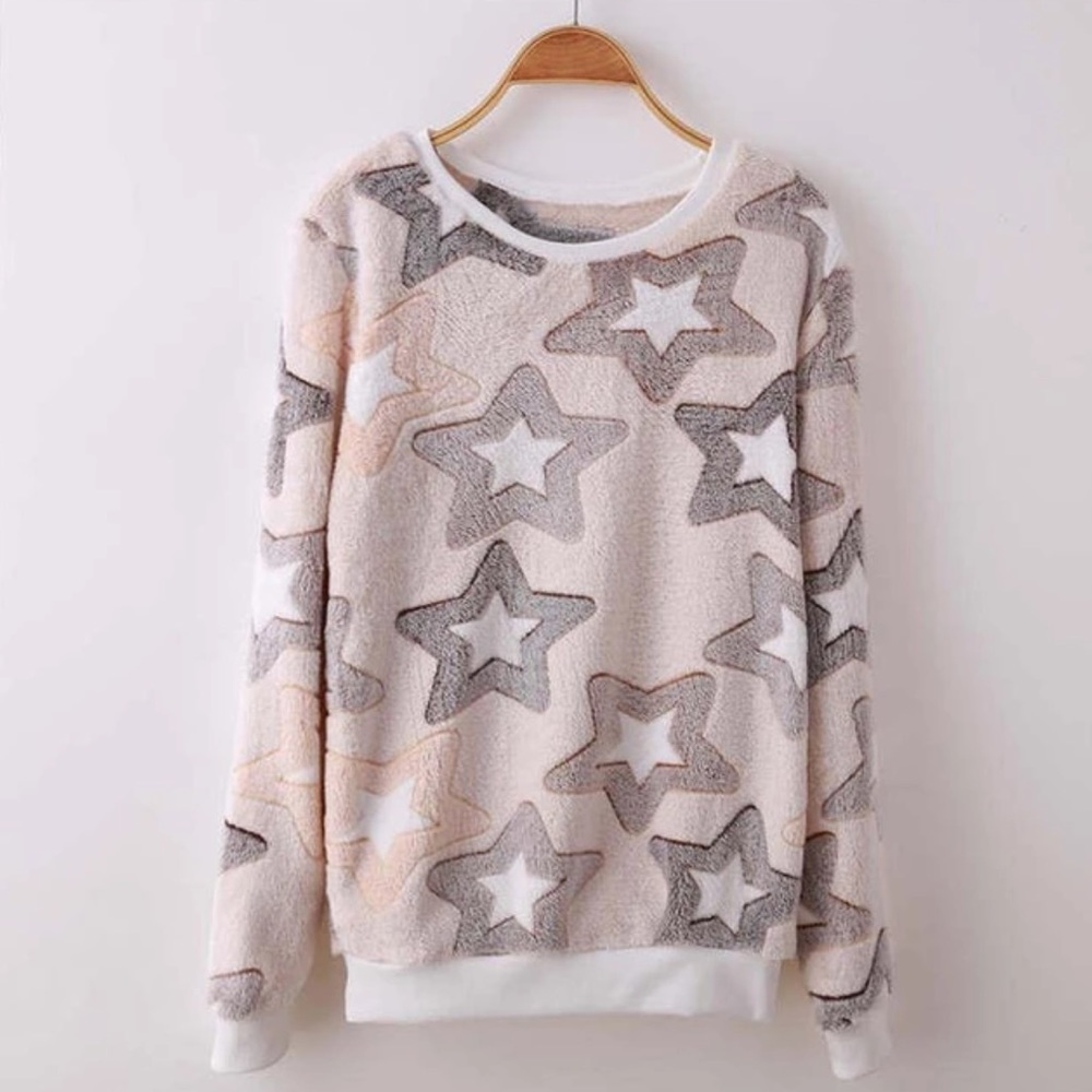 Stars Fuzzy Fleece Pullover Sweatshirt
