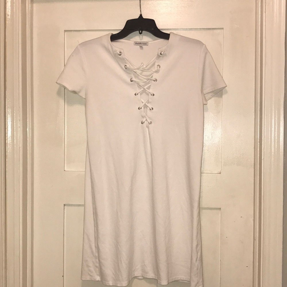 White short sleeve, lace front dress.