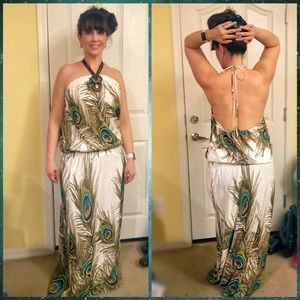 Peacock print halter maxi dress