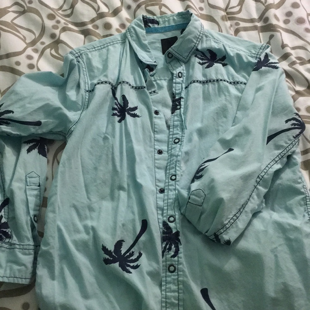 Bar III men's button down blue palm tree shirt
