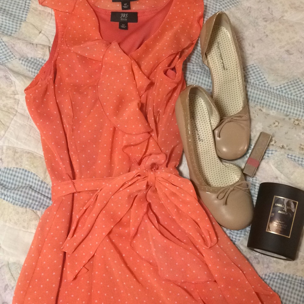 Tangerine JBS Wrap Dress with Polka Dots & Ruffles