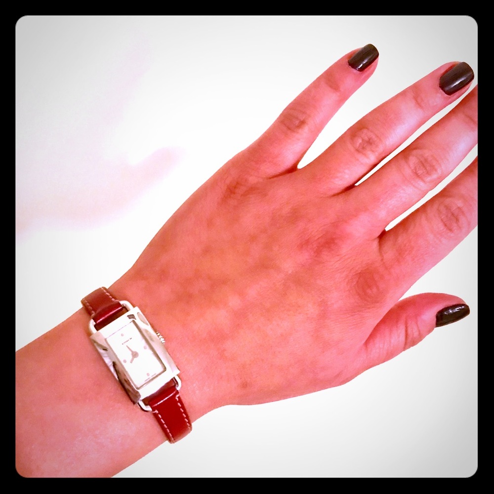 Red, leather, Coach watch