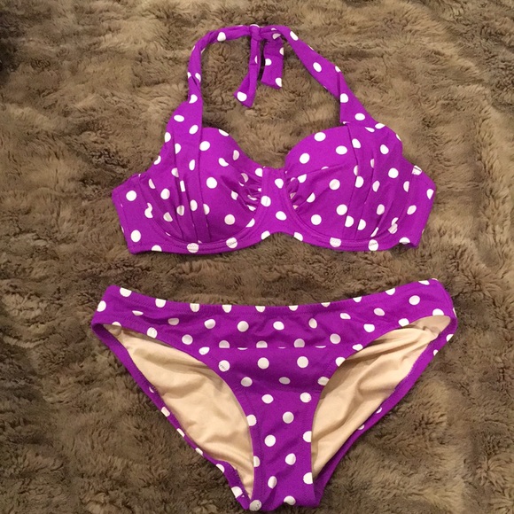 purple polka dot bathing suit