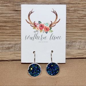 Blue Green Druzy Leverback Earrings