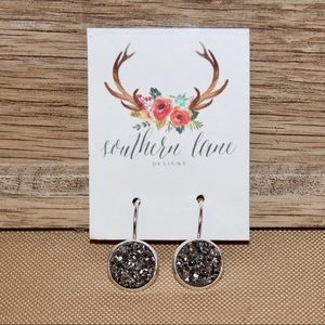 Gunmetal Silver Druzy Leverback Earrings