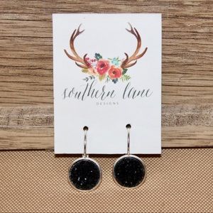 Black Silver Druzy Leverback Earrings