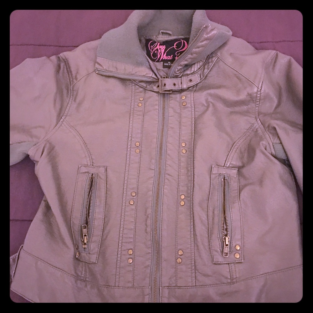 Gray distressed faux leather moto Jacket