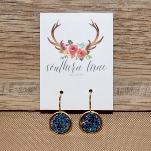 Blue Gold Druzy Leverback Earrings