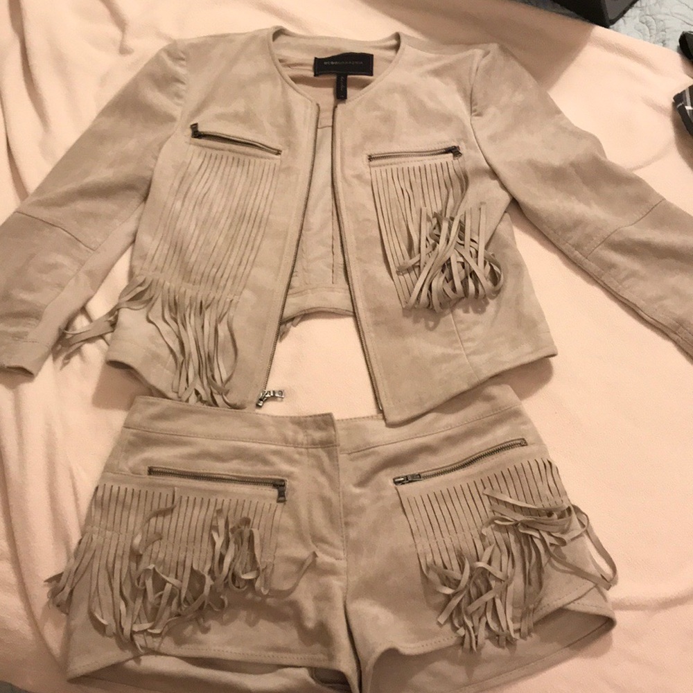 BCBG fringe faux suede shorts