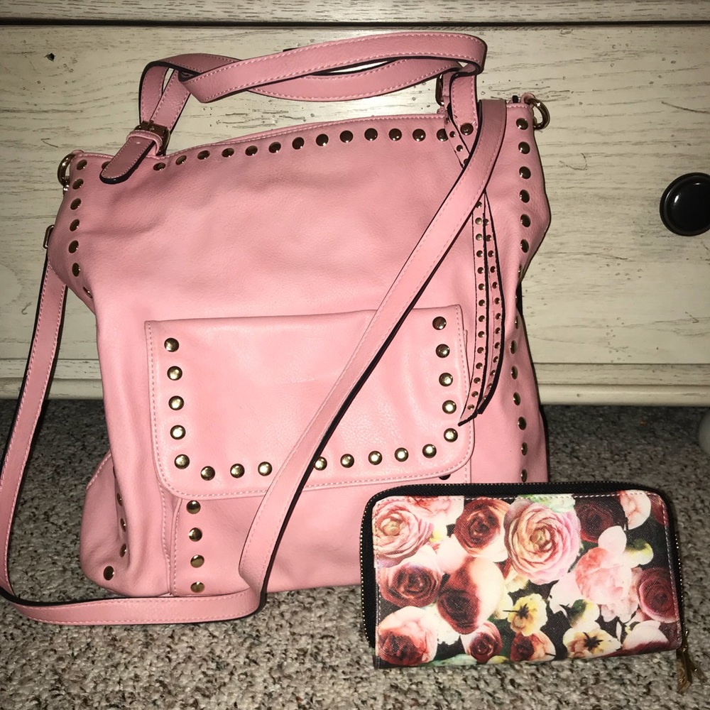 Pink studded handbag and coordinating wallet