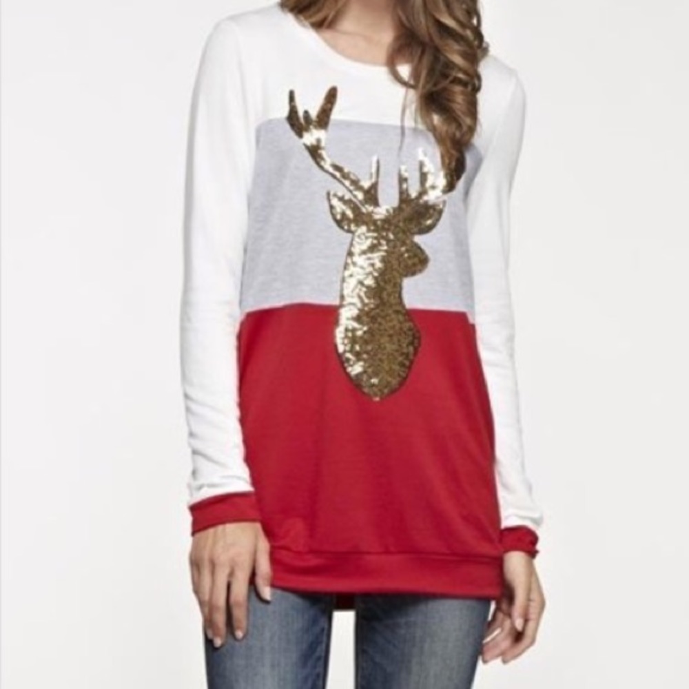 White and Red Top with Gold Reindeer