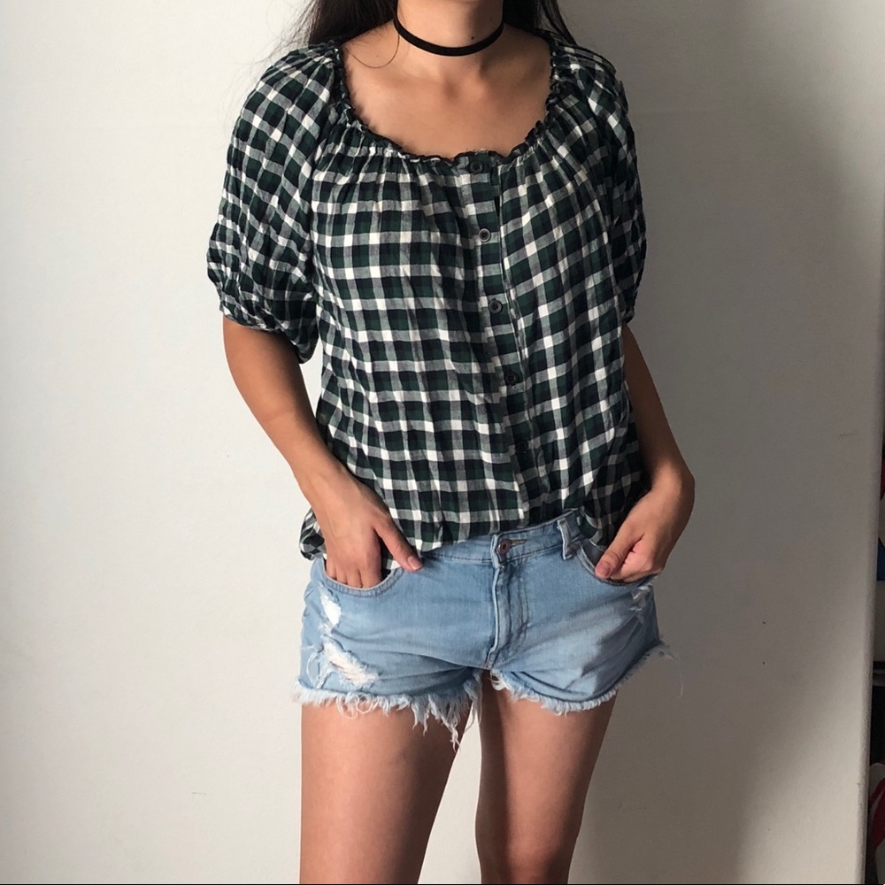 Plaid green and white top