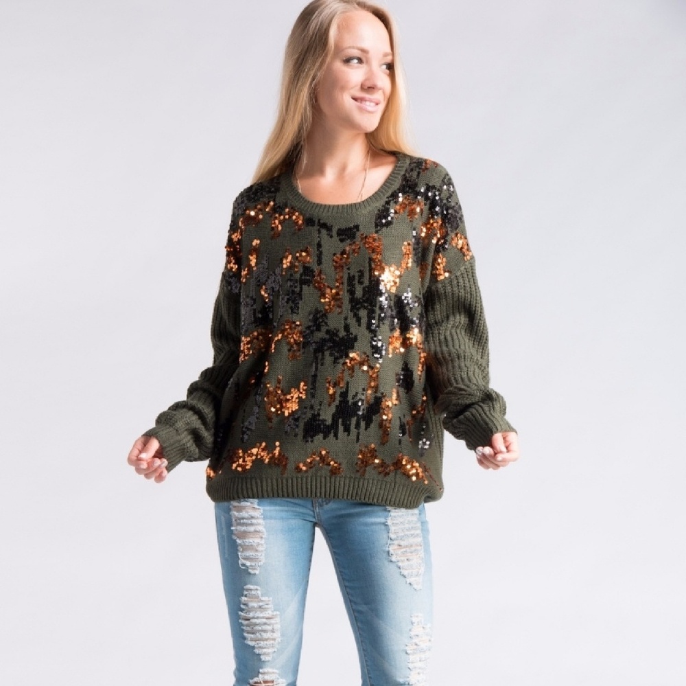 Sale* Multi Sequin Sweater Camo Colors Green