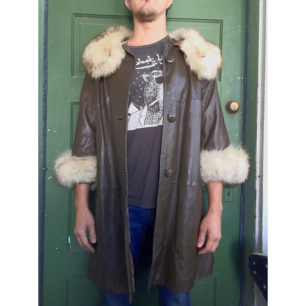 Vintage 60s Brown Leather Coat w/ Fur Trim
