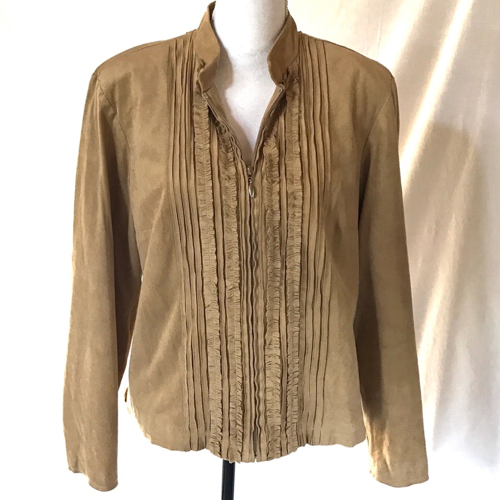 Coldwater Creek Tan Camel Faux Suede Jacket Ruffled Zip Front Medium