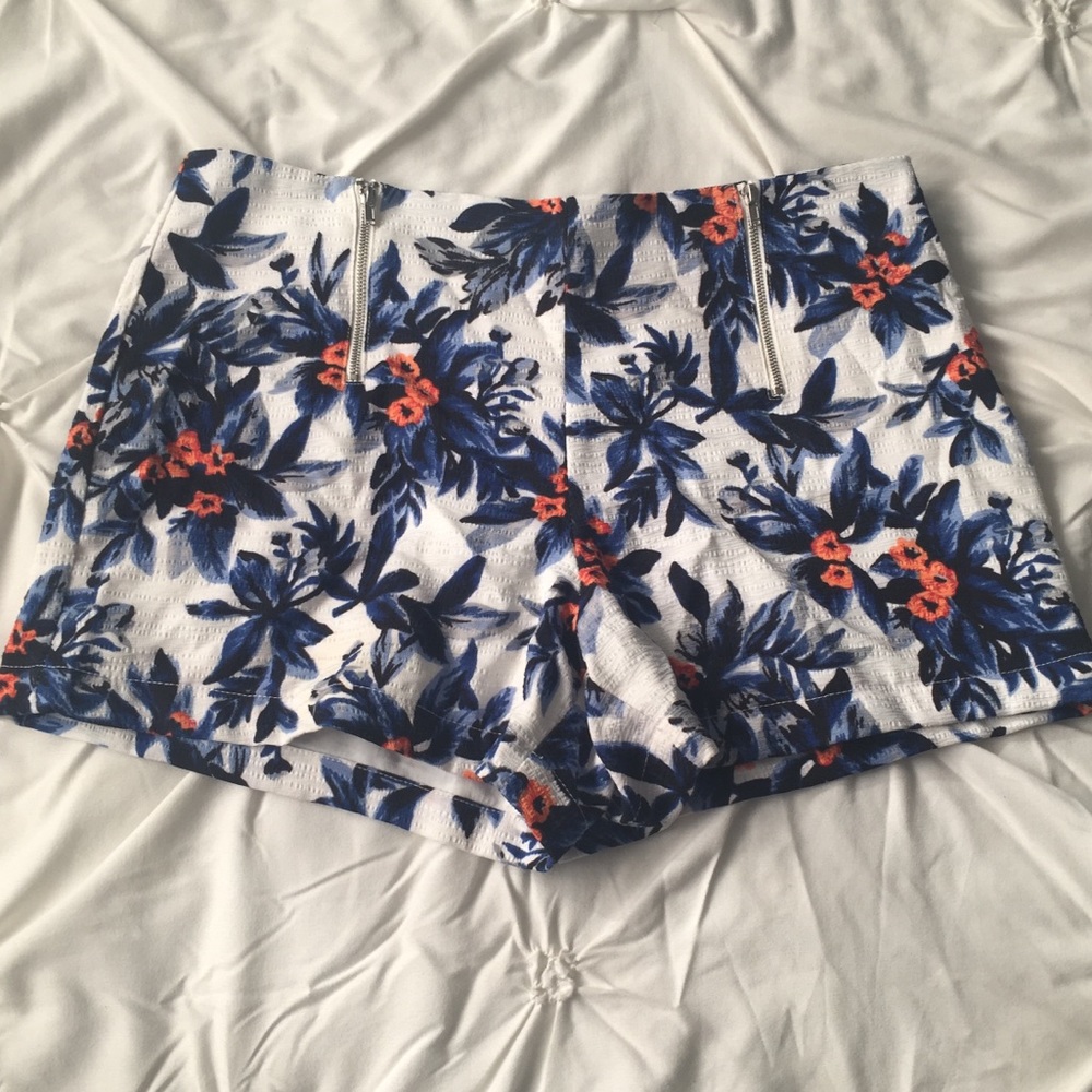 Sophie Rue White & Blue Floral Hi-Rise Zip Shorts