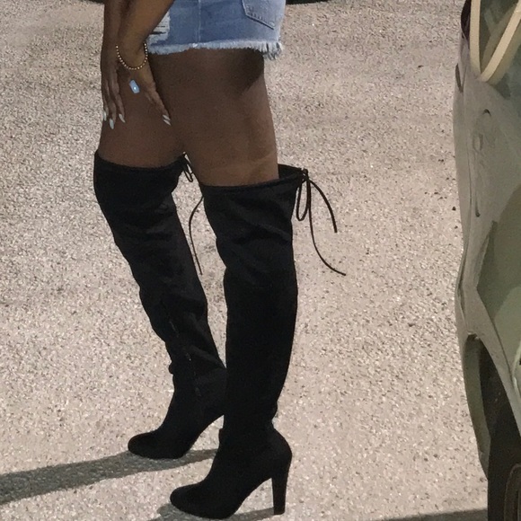 Black Over the Knee Microsuede Drawstring Boots | Lime Lush  Over the knee black suede heels