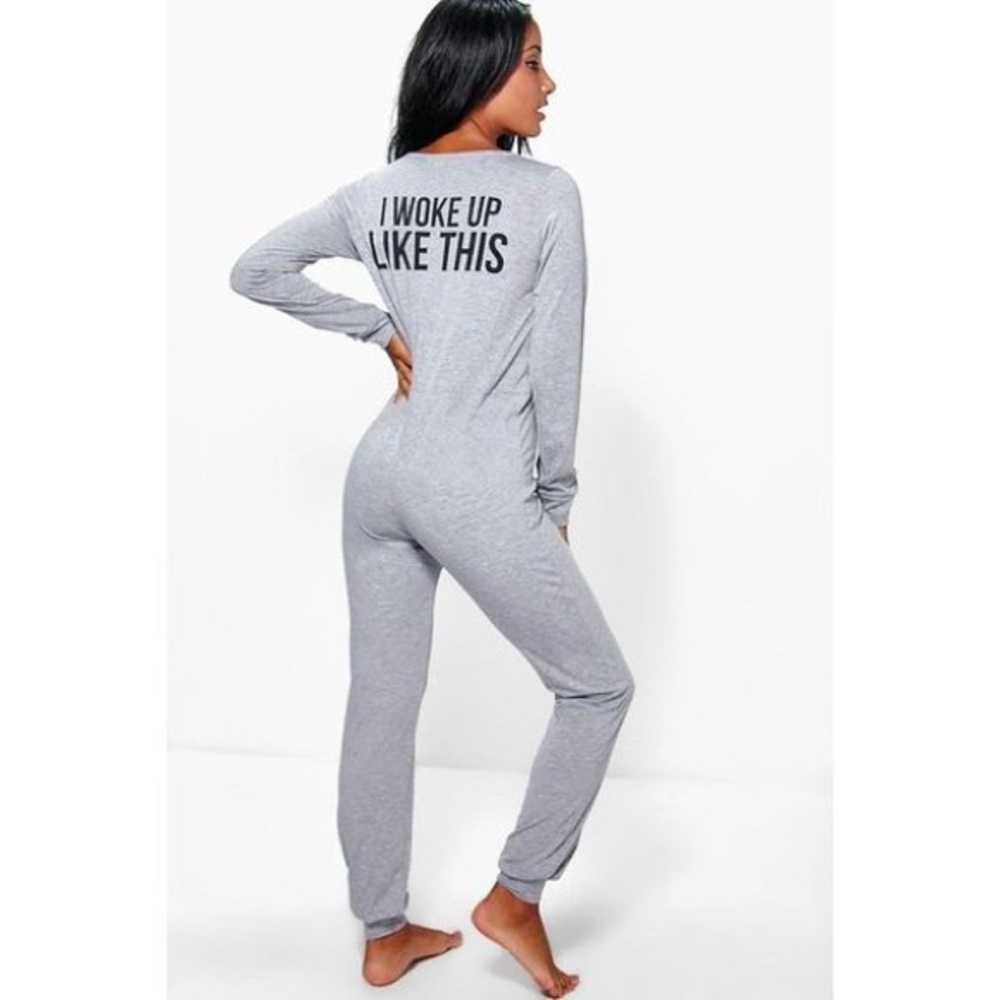 Elise Slogan Print ZIP Through Onesie Gray