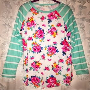 Floral Raglan Baseball Tee 3/4 Sleeves Mint & Pink