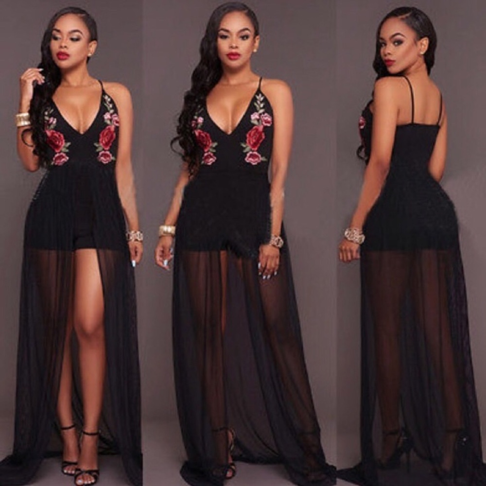 Black mesh maxi dress with Rose appliqué
