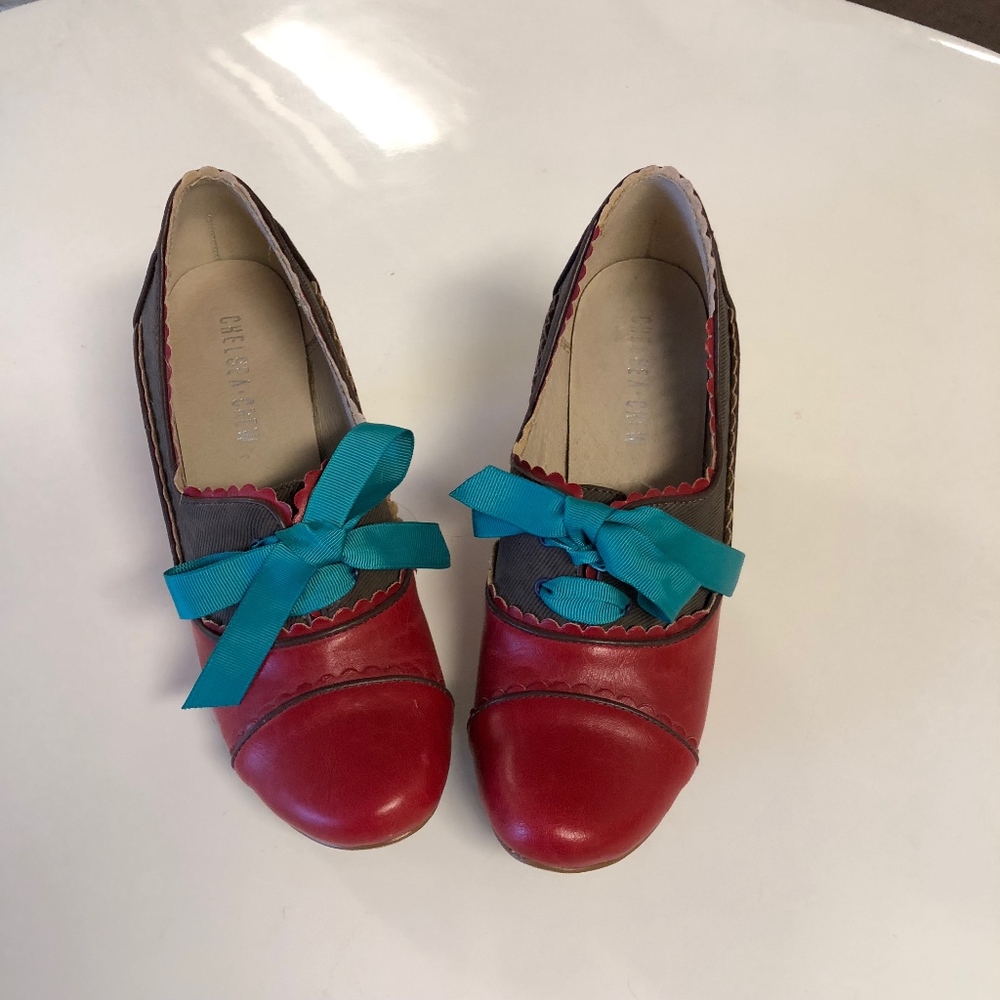 Red and Gray Booties with Grosgrain Tie