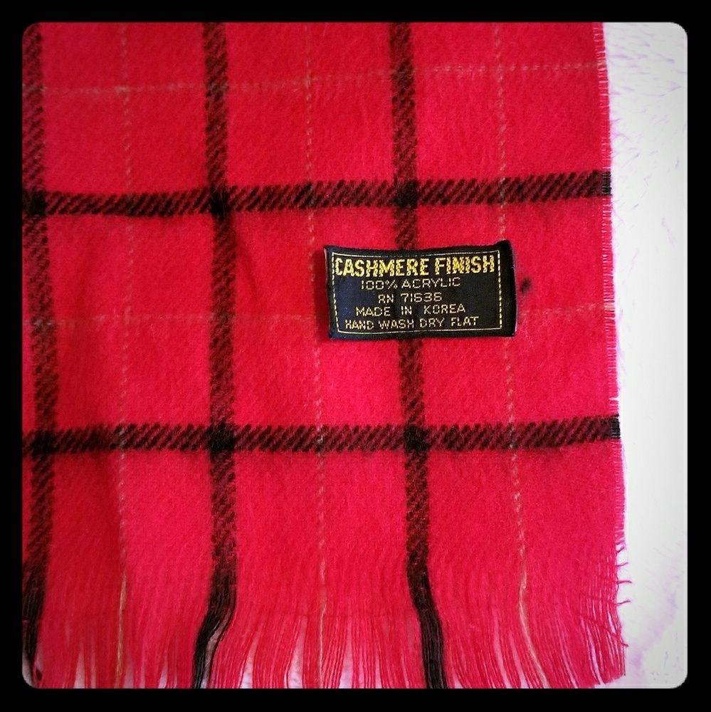 Red plaid scarf.