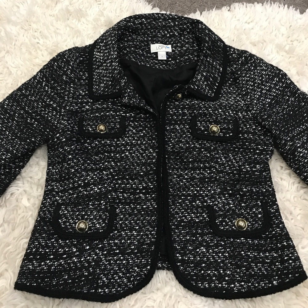 LOFT black and white tweed jacket with gold button