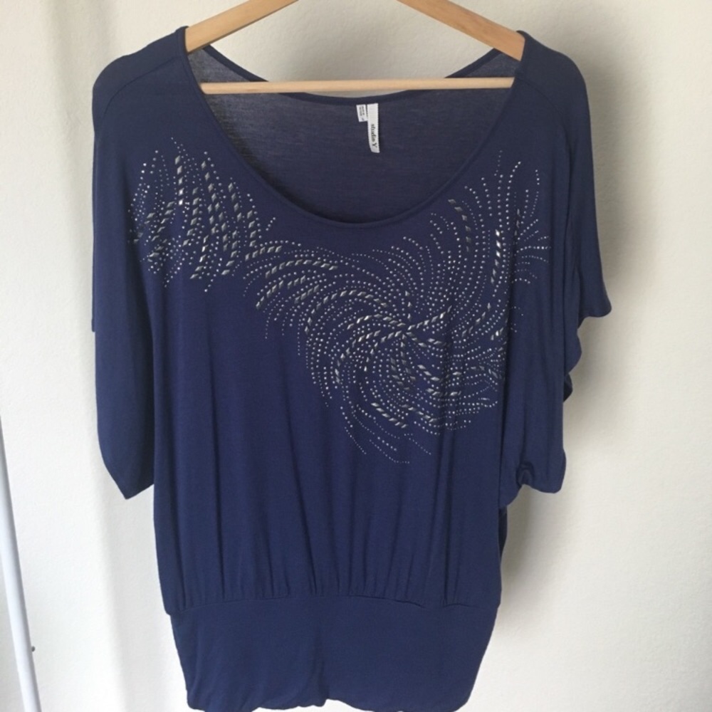 Blue dolman sleeve banded bottom embellished top