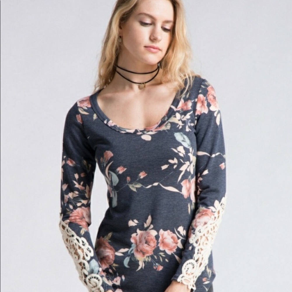 Floral long sleeve with crochet sleeve