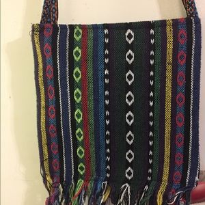 Aztec design blue woven cloth bag.