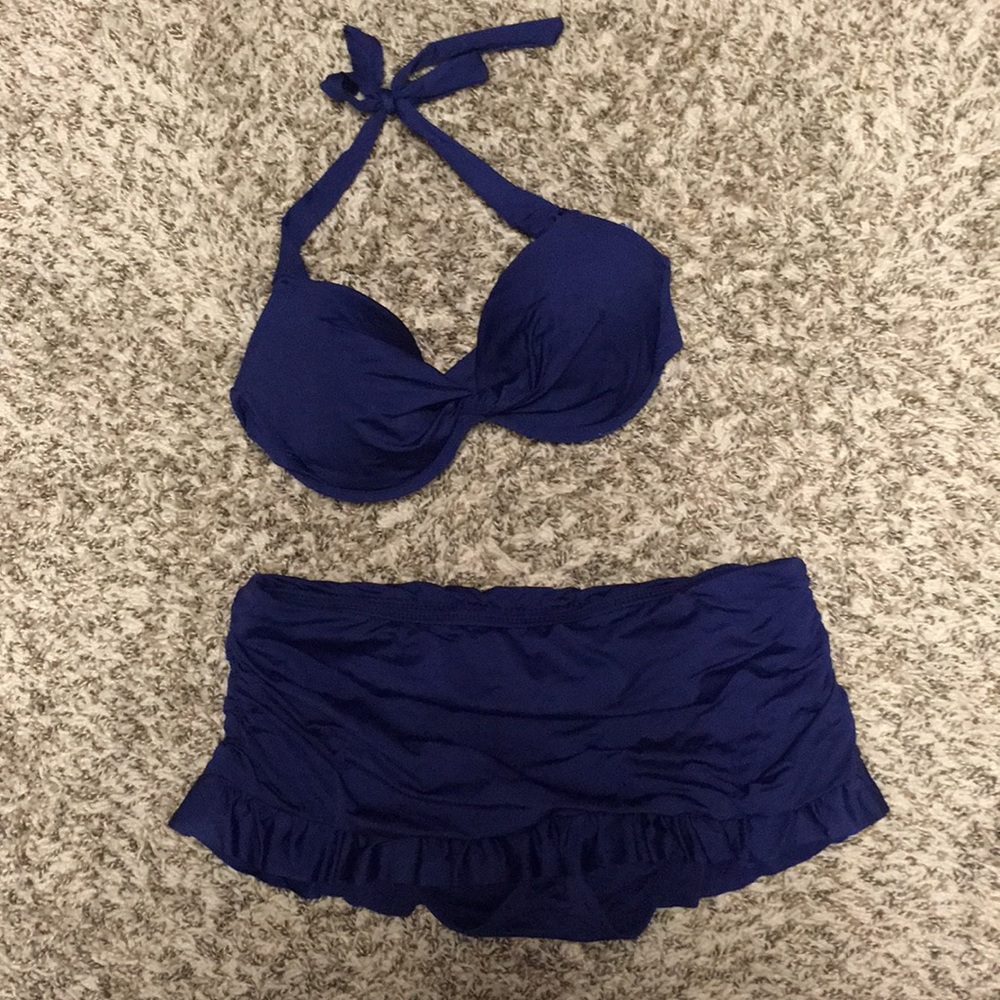 Navy blue NWOT bikini small top M skirt swim