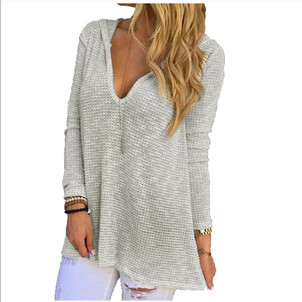 Grey Hooded V-Neck Long Sleeve Loose Knit Top
