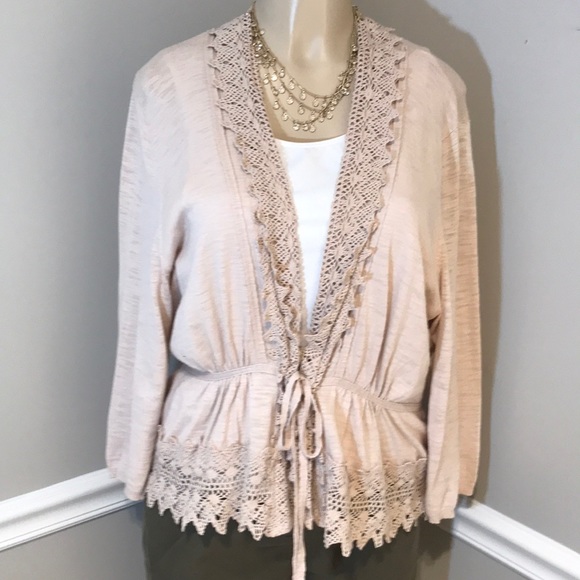 Elle Sweaters - ELLE Tan Color Lace Cardigan Tie Front Size XL