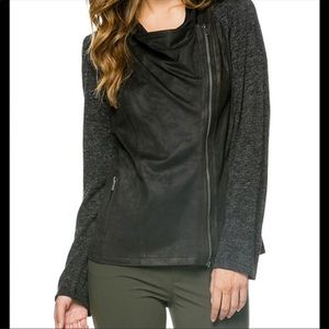 Black Faux Leather Bias Zipper Jacket