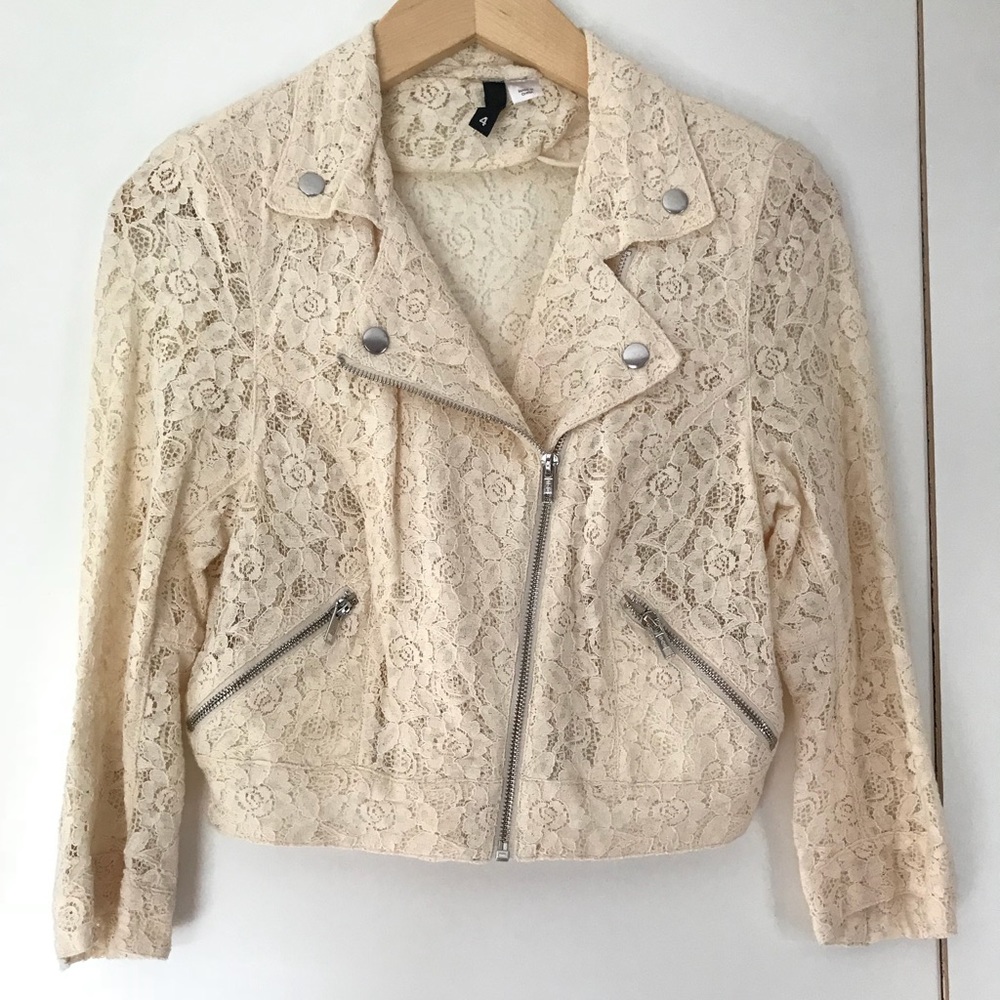 H&M Ivory Lace Motorcycle Crop Jacket