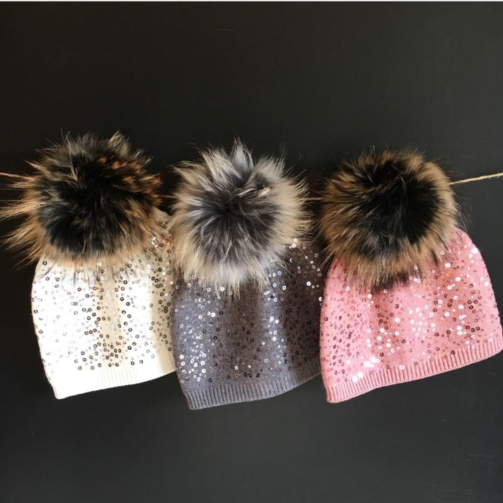 Flash Sale Real Fur Pom Pom SequinBeanie - Picture 3 of 3