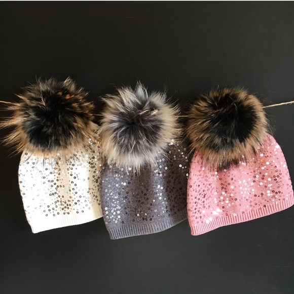 Flash Sale Real Fur Pom Pom SequinBeanie - Picture 3 of 3